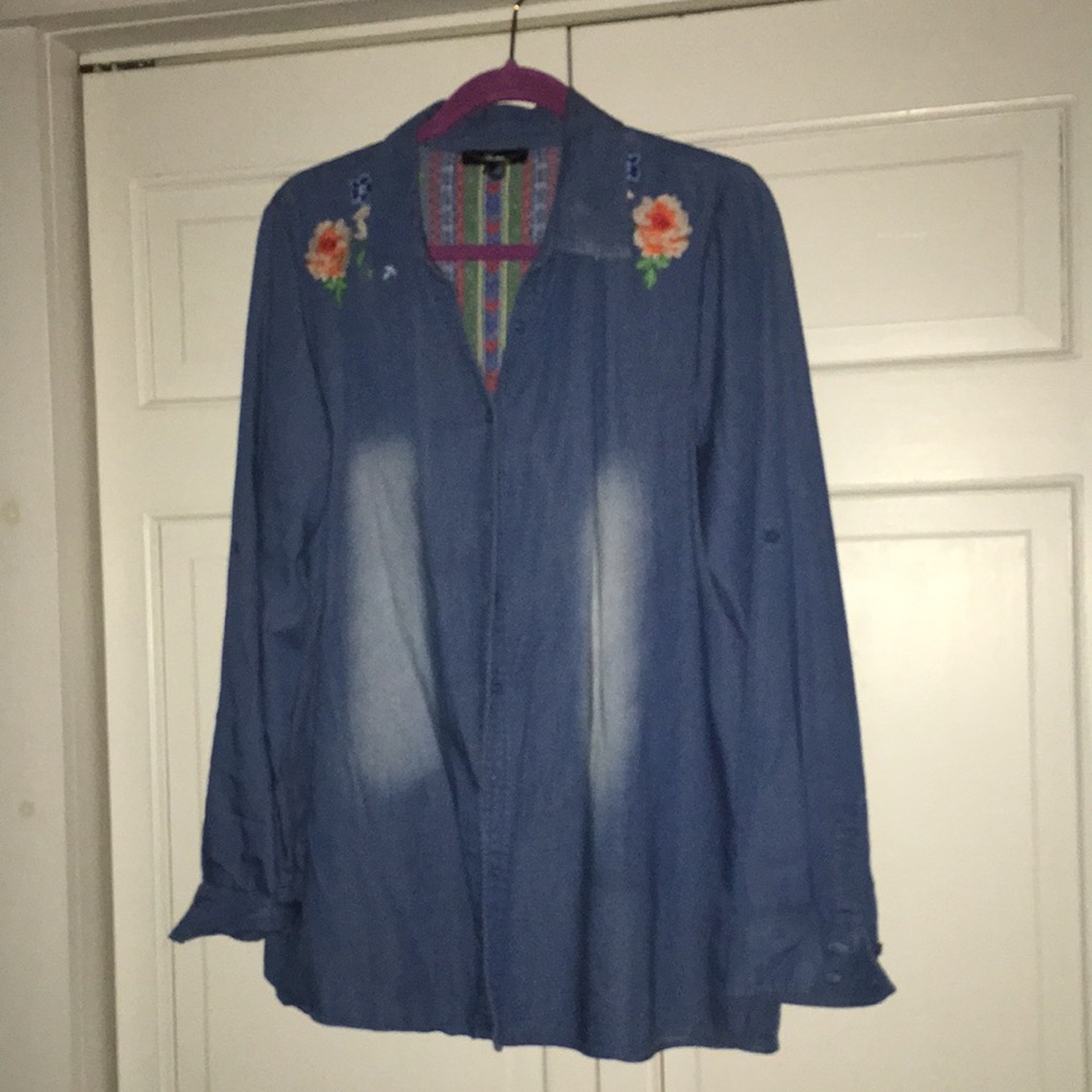 Andree top button front denim blue with floral embroidery long sleeves L